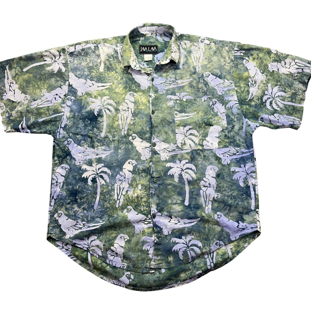 VTG Java Lava Parrot Palm Tree Hawaiian Shirt Tropical Button Up Green‎ Sz XL